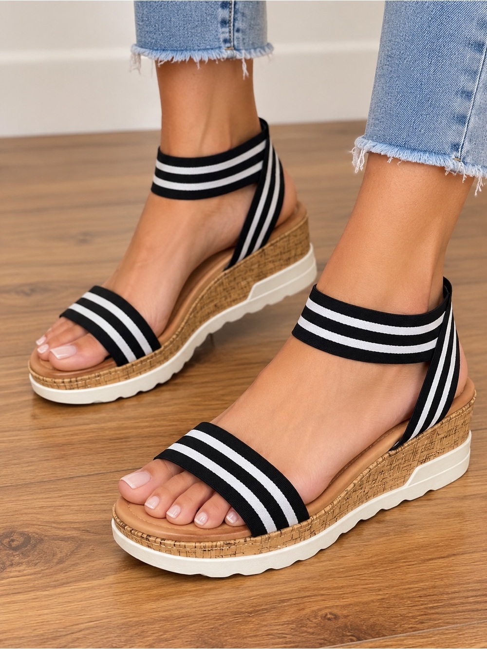 Steve Madden Black & White Striped Ankle-Wrap Wedge Sandals